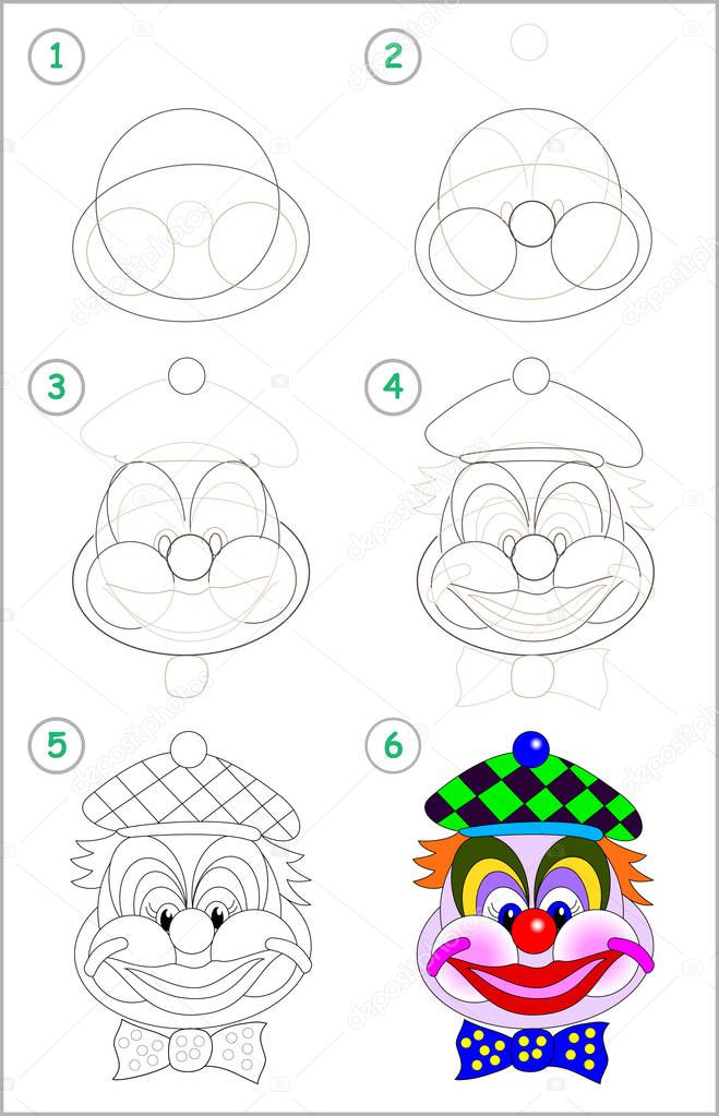 Page shows how to learn step by step to draw cute head of toy smiling clown. Developing children skills for drawing and coloring. Back to school. Printable worksheet. Vector cartoon image.