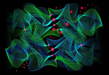 Siyah arka plan üzerine nöron dalgalar. Stilize yapay zeka iletişim. Neural ağlar ve nanoteknoloji için poster. Vektör görüntü.