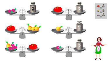 Mathematical logic puzzle game for children and adults. Need to calculate weight of products. Printable page for brainteaser book. Developing spatial thinking. Vector image. clipart