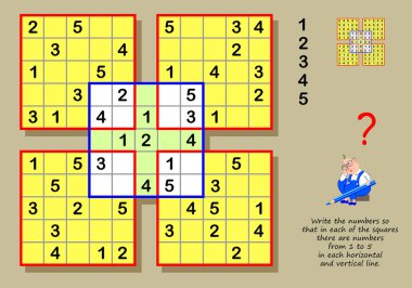 Mantık Sudoku Bulmaca çocuklar ve yetişkinler için oyun. Her kareler vardır ki 1'den 5'e her yatay ve dikey çizgi numaraları yazın. Beyin jimnastiği kitap için yazdırılabilir sayfa.