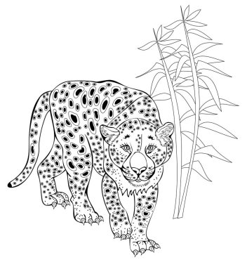 Stilize leopar ormanda. Boyama kitabı için siyah ve beyaz sayfa. Bilgisayar grafik tablet tarafından çizilmiş vektör görüntü. Model modern baskı, nakış, kına, Mehndi, dövme ve dekorasyon için. 