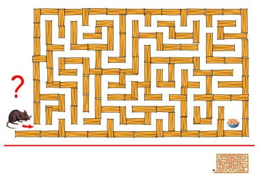 Çocuklar ve yetişkinler için labirent ile mantık bulmaca oyunu. Yardım fare yiyecek kadar yolunu bul. Bilimsel deney, farelerde uzamsal düşünme geliştirilmesi. Beyin jimnastiği kitap için yazdırılabilir çalışma.