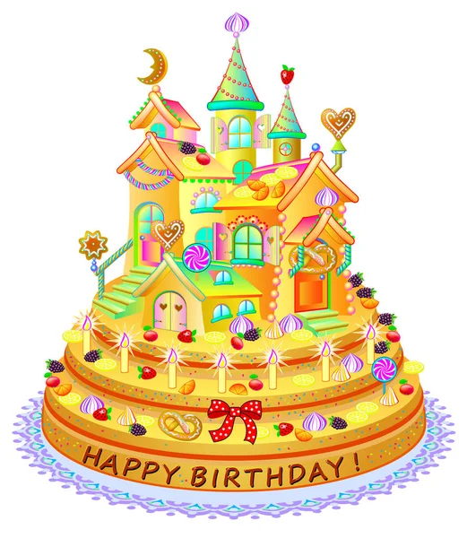 Fantasy funny cake with toy house. Happy birthday greetings. Festive meal with sweets, berries and biscuits. Vector cartoon image.