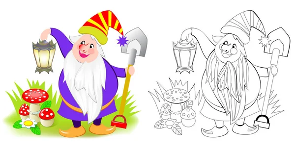 Illustration Glada Gnome Håller Fackla Färgglada Och Svarta Och Vita — Stock vektor