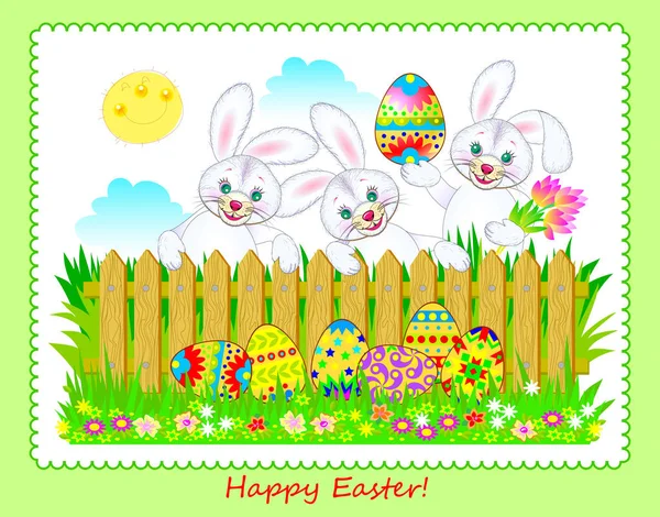 Greeting Card Easter Day Congratulations Cute Happy Rabbits Hunting Easter — Stock Vector