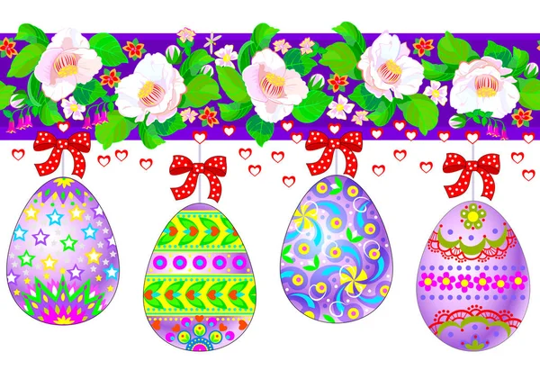 Seamless Pattern Ribbon Easter Greetings Day Illustration Stylized Festive Eggs — Stock Vector