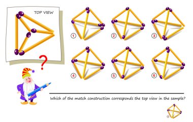 Logic puzzle game with matchstick for children and adults. Which of the match construction corresponds the top view in the sample? Printable page for brainteaser book. Developing spatial thinking. clipart