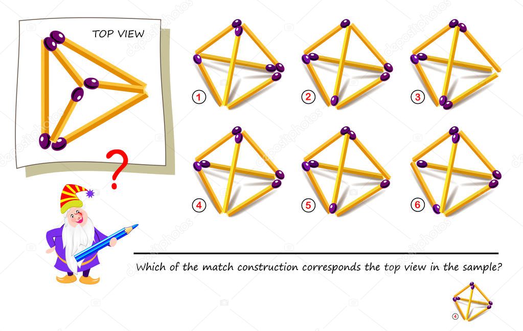 Logic puzzle game with matchstick for children and adults. Which of the match construction corresponds the top view in the sample? Printable page for brainteaser book. Developing spatial thinking.