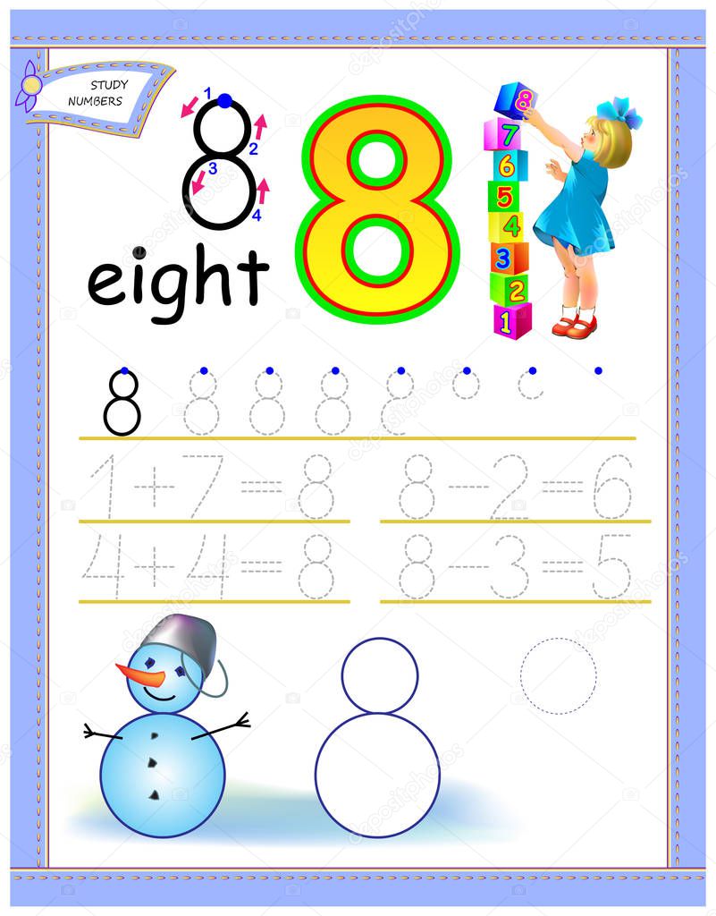 Página educativa para niños con número 8. Resuelve ejemplos matemáticos. Hoja de trabajo imprimible para libro de texto para niños. Desarrollar habilidades de conteo y escritura. Imagen de dibujos animados vectorial. 2023 Página educativa para niños con número 8. Resuelve ejemplos matemáticos. Hoja de trabajo imprimible para libro de texto para niños. Desarrollar habilidades de conteo y escritura. Imagen de dibujos animados vectorial. 2023