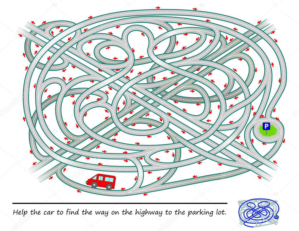 Logic puzzle game with labyrinth for children and adults. Help the car to find the way on the highway to the parking lot. Printable worksheet for brainteaser book. Developing skills for counting.
