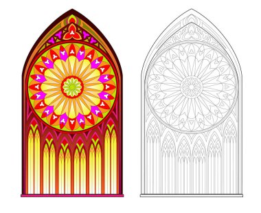 Gothic vitray pencere güzel gül desenli renkli ve siyah-beyaz desen. Boyama kitabı için yazdırılabilir çalışma. Batı Avrupa'da Ortaçağ mimari tarzı. Vektör görüntü.