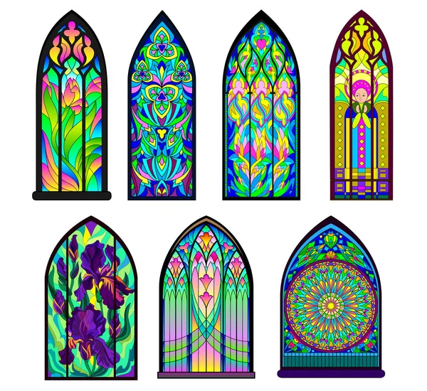 Gothic Architectural Style Pointed Arch Set Different Beautiful Colorful Stained — Stock Vector