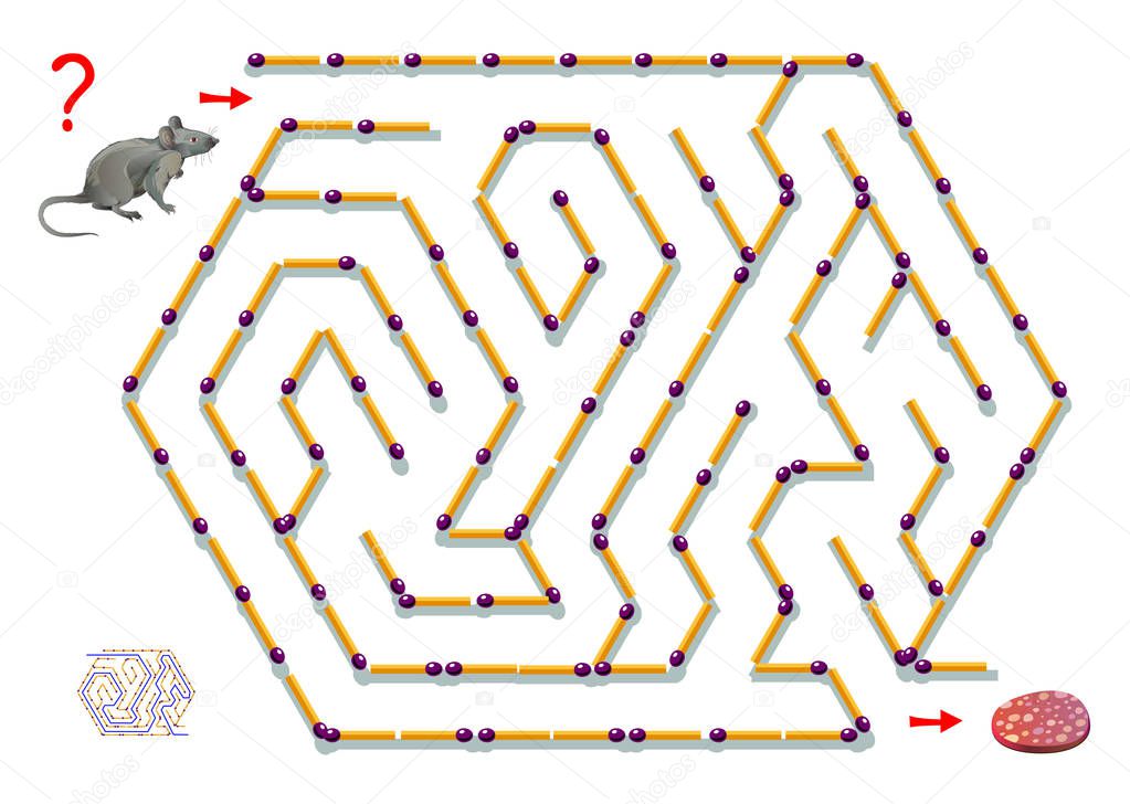 Logic puzzle game with labyrinth for children. Help the rat find way between matchsticks till sausage. Scientific experiment of spatial thinking in mice. Printable worksheet for brainteaser book.