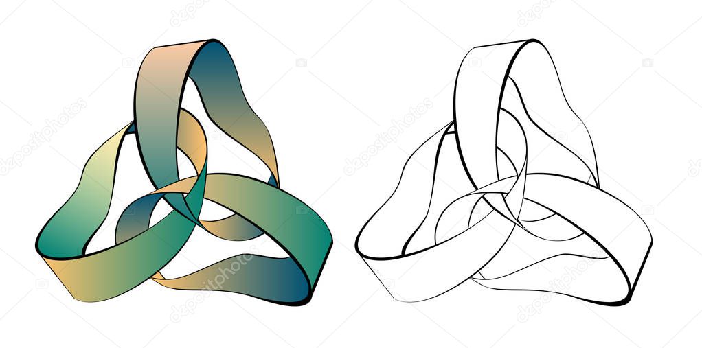 Illustration of three intertwined Mobius strip. Colorful and black and white pattern. Modern print. Vector image.
