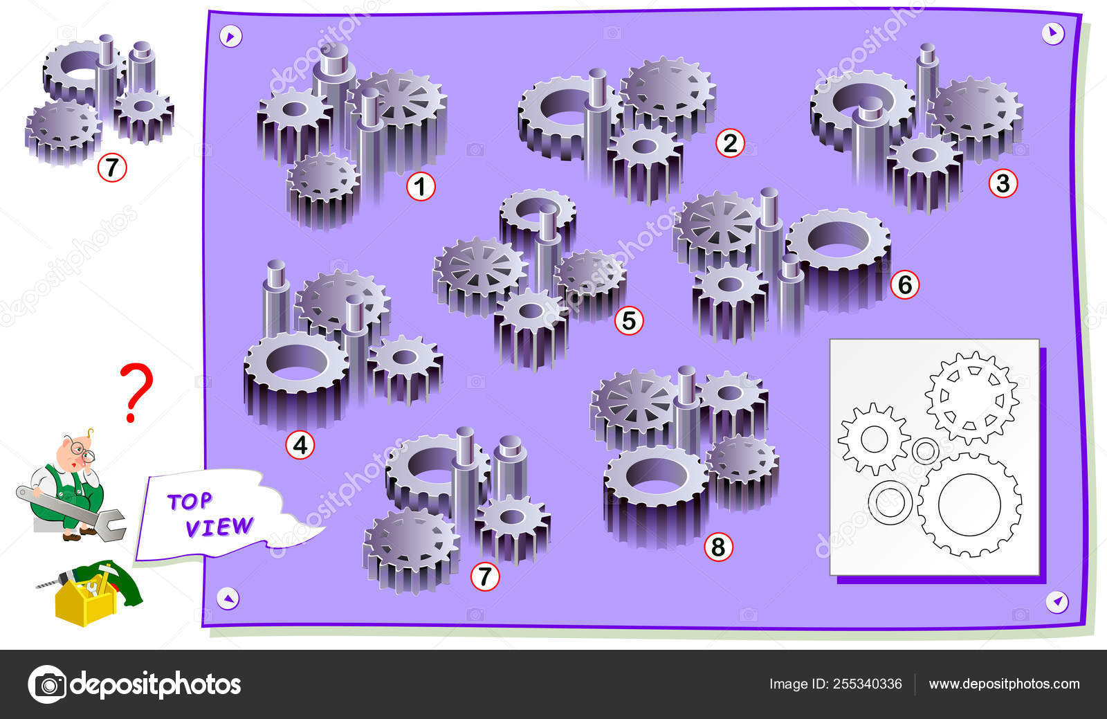 子供のためのロジック パズル ゲーム 歯車の建設図面の平面図に対応して下さい 難問本の印刷用ページです 子供たちの空間的思考能力の開発 ストックベクター C Nataljacernecka