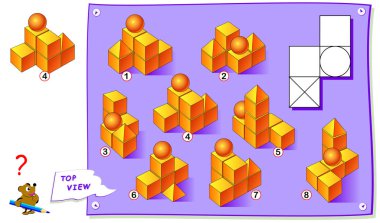 Mantık bulmaca oyunu çocuklar için. Hangi inşaat geometrik şekiller çizimde üstten görünüm karşılık gelen bul. Yazdırılabilir Sayfa beyin jimnastiği kitap için. Çocuk uzamsal düşünme becerilerinin geliştirilmesi.