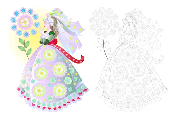 Фантастический Рисунок Красивой Девушки Элегантном Свадебном Платье Красочная Черно Белая — стоковый вектор