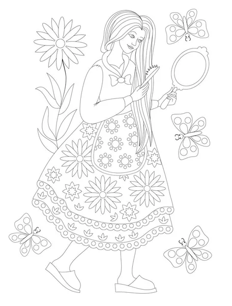 Page Noir Blanc Pour Livre Colorier Dessin Fantastique Belle Fille — Image vectorielle