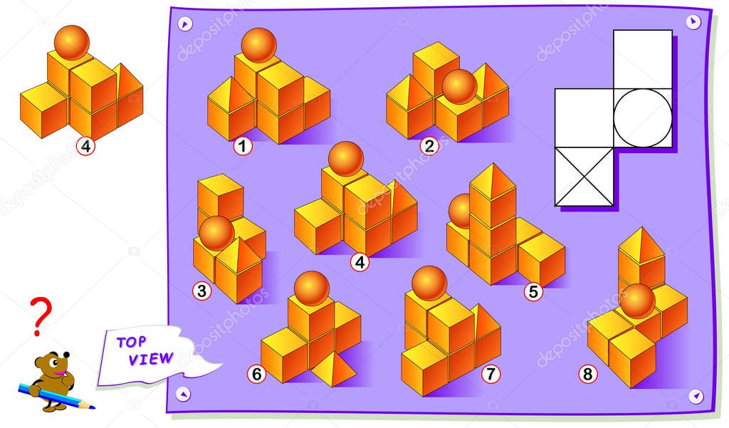 Logic puzzle game for kids. Find which construction of geometric figures corresponds to the top view on drawing. Printable page for brainteaser book. Development of children spatial thinking skills.