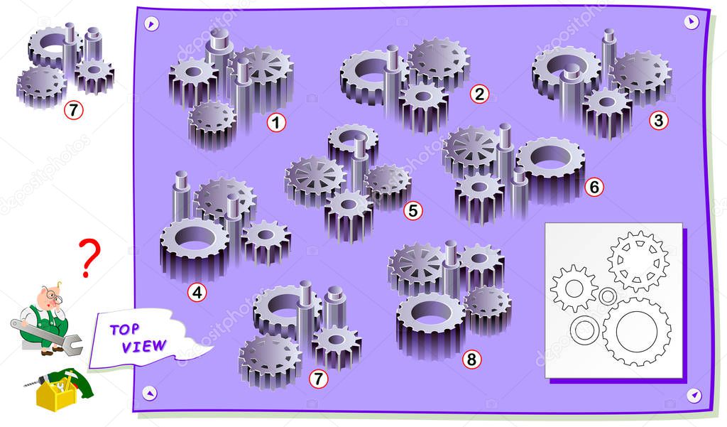 Logic puzzle game for kids. Find which construction of gears corresponds to the top view on drawing. Printable page for brainteaser book. Development of children spatial thinking skills.
