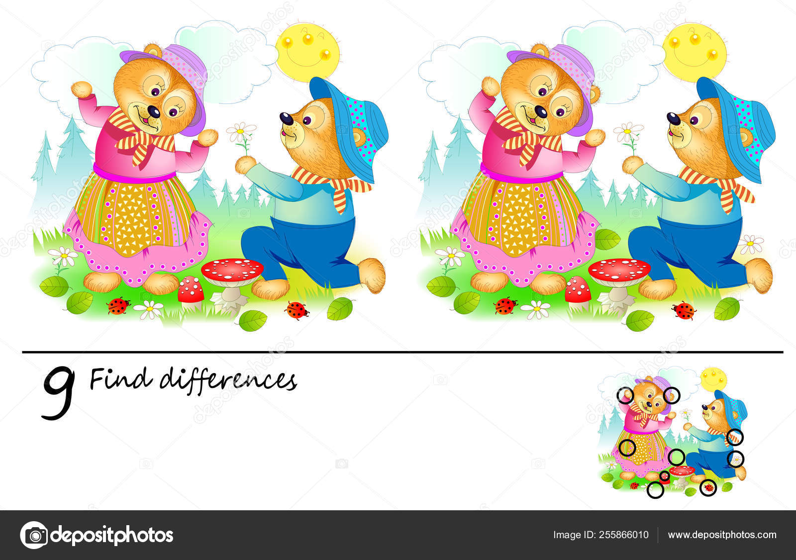 子供のためのロジックパズルゲーム 9つの違いを見つける必要があります 赤ちゃんの舌鼓本の印刷可能なページ 2つのかわいいクマのカップル カウントのためのスキルを開発 ベクトル漫画画像 ストックベクター C Nataljacernecka