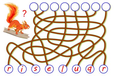 Mantık bulmaca için çalışma İngilizce oyun. Harf için doğru yer bulmak, onları ilgili çevrelerde okuyup yazmak kelime. Yazdırılabilir çalışma ders kitabı için. Okula dönüş. Vektör çizgi film resim.