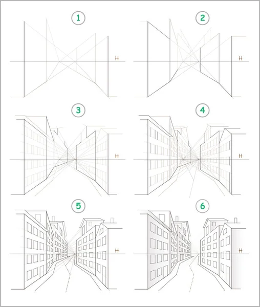 Пейдж Показывает Шаг Шагом Научиться Создавать Карандашный Рисунок Городской Улицы — стоковый вектор