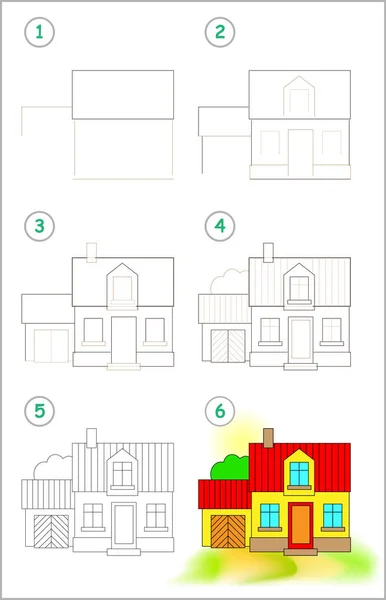 Page Shows How Learn Step Step Draw Cute Country House — Stock Vector