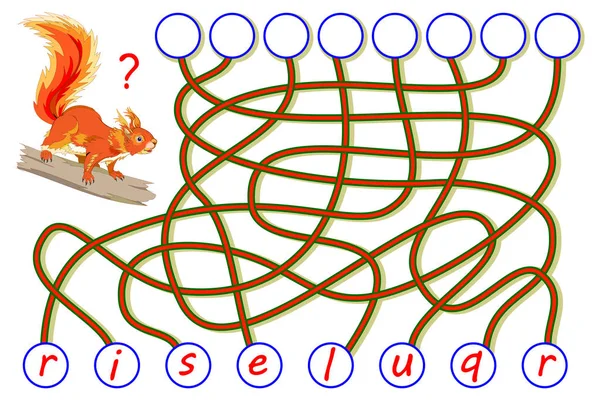 Mantık bulmaca için çalışma İngilizce oyun. Harf için doğru yer bulmak, onları ilgili çevrelerde okuyup yazmak kelime. Yazdırılabilir çalışma ders kitabı için. Okula dönüş. Vektör çizgi film resim.