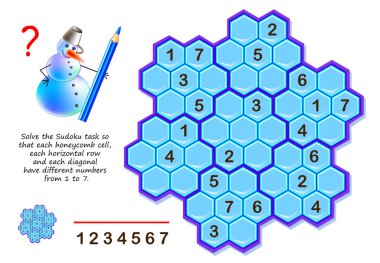 Çocuklar ve yetişkinler için oyun bulmaca mantık. Böylece her petek hücre, her yatay sıra ve her köşegen farklı sayılara 7 1 sahip Sudoku görev çözmek. Beyin jimnastiği kitap için yazdırılabilir sayfa.