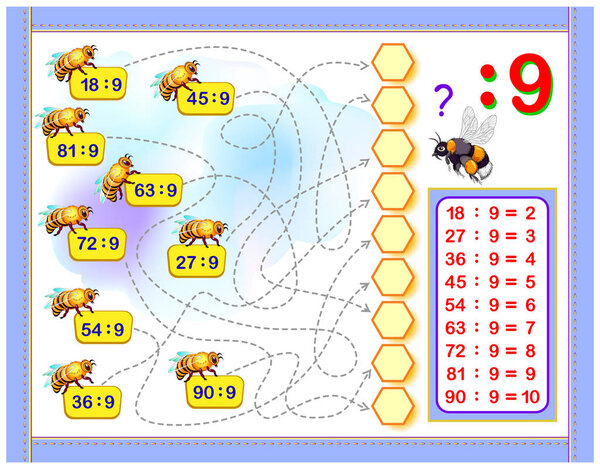 Exercises for kids with division by number 9. Write numbers in correct circles. Educational page for mathematics baby book. Printable worksheet for children textbook. Back to school. Vector cartoon image.