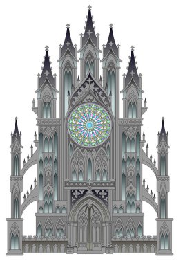 Beyaz bir arka plan üzerinde fantezi fairyland ortaçağ katedralsilueti. Güzel gül ve vitray pencereler ile Gotik mimari tarzı. Modern baskı. Batı Avrupa'da Orta Çağ.