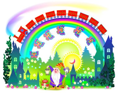 Fantezi fairyland krallığının illüstrasyonu. Çocuklar masal kitabı için kapak. Seyahat şirketi için poster. Küçük çocuklar ve anaokulu için modern baskı. Vektör karikatür görüntü.