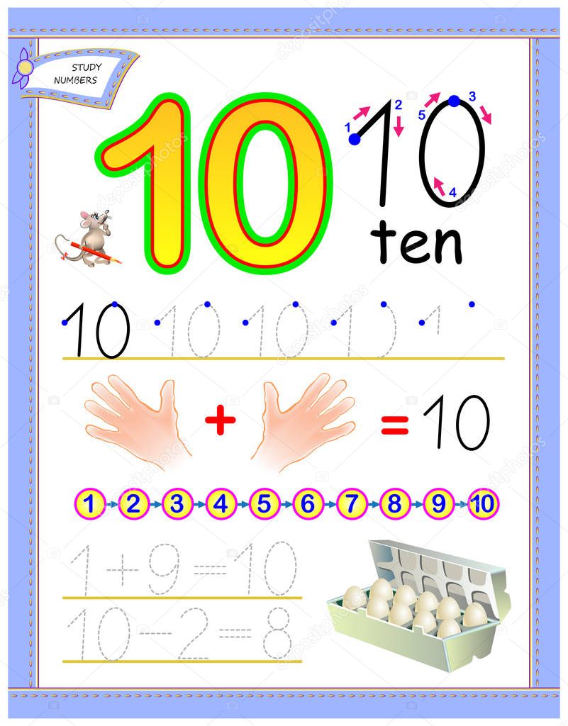 Página educativa para niños con número 10. Resuelve ejemplos matemáticos. Hoja de trabajo imprimible para libro de texto para niños. Desarrollar habilidades de conteo y escritura. Imagen de dibujos animados vectorial. 2023 Página educativa para niños con número 10. Resuelve ejemplos matemáticos. Hoja de trabajo imprimible para libro de texto para niños. Desarrollar habilidades de conteo y escritura. Imagen de dibujos animados vectorial. 2023