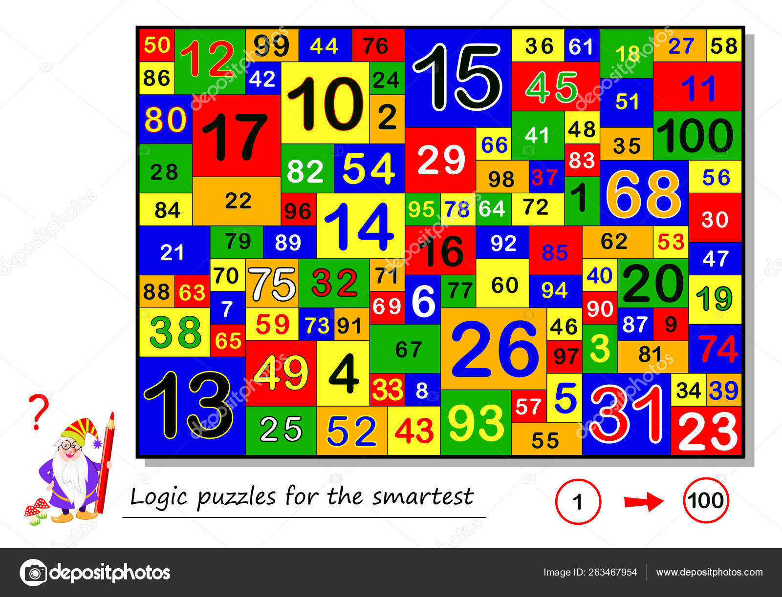 Logic Puzzle Game for Children and Adults. Find the Numbers from 1