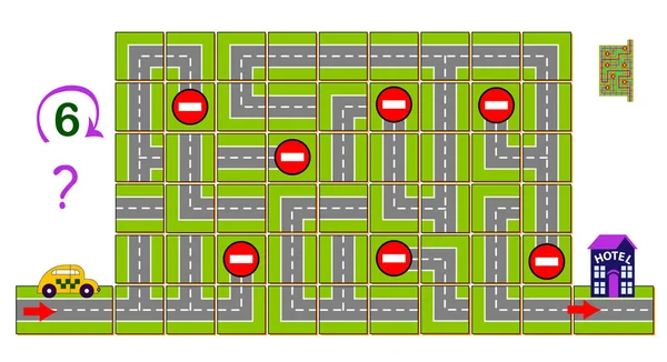 逻辑益智游戏与迷宫 帮助出租车找到道路并到达酒店 需要顺时针旋转 可打印的一页 用于脑筋急转弯书 发展空间思维 矢量图像 — 图库矢量图片