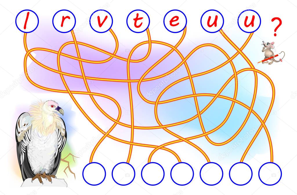 Logic puzzle game for study English. Find the correct places for letters, write them in relevant circles and read the word. Printable worksheet for textbook. Back to school. Vector cartoon image.