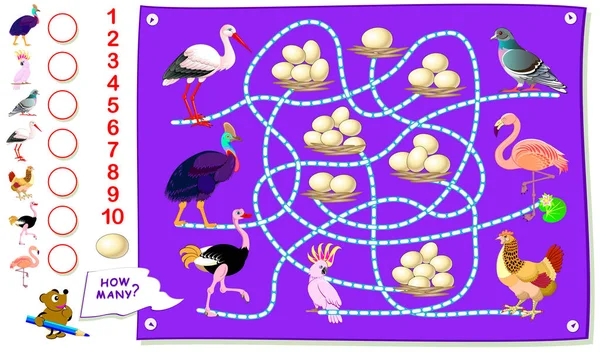 Εκτυπώσιμη Εκπαιδευτική Σελίδα Για Παιδιά Μέτρησε Πόσα Αυγά Έχουν Πουλιά — Διανυσματικό Αρχείο