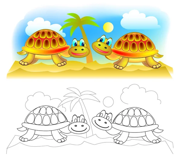 Fantasía Ilustración Par Lindas Tortugas Desierto Página Colorida Blanco Negro — Vector de stock