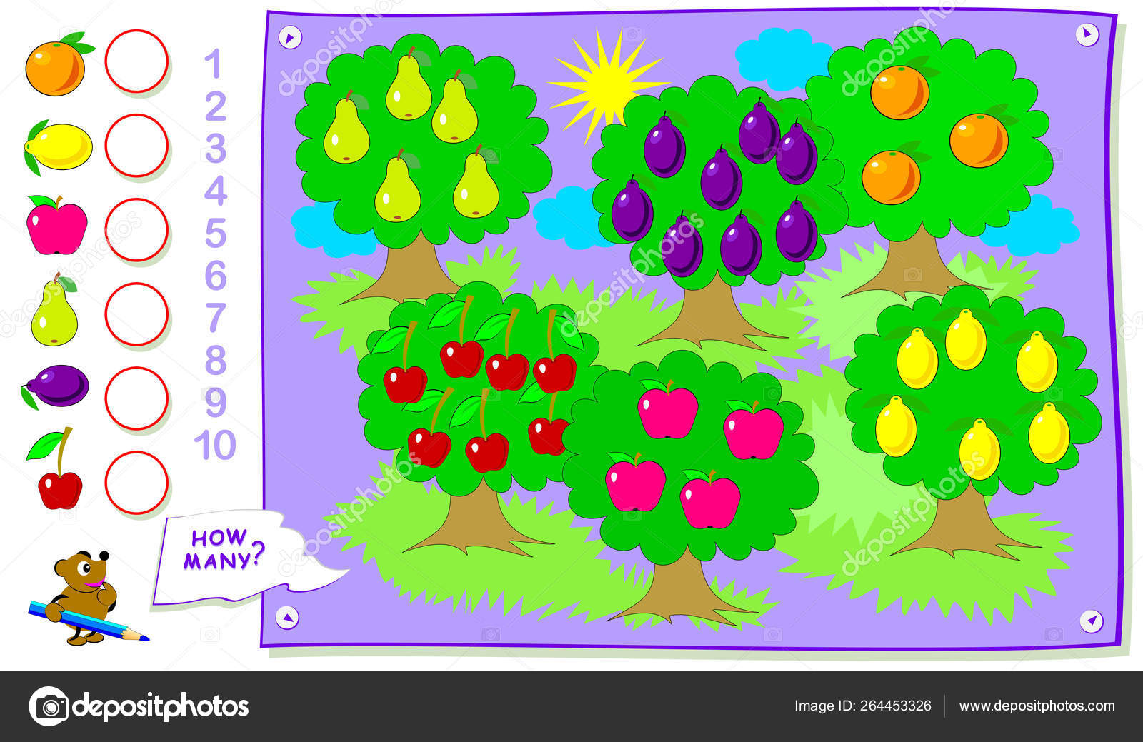 儿童可打印教育页面计算花园里的水果数量用圆圈写上数字婴儿书的工作表逻辑益智游戏返回学校图库矢量图©Nataljacernecka 264453326