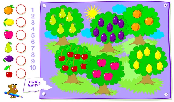 儿童可打印教育页面 计算花园里的水果数量 用圆圈写上数字 婴儿书的工作表 逻辑益智游戏 返回学校 — 图库矢量图片