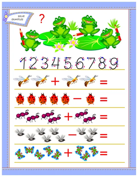 뺄셈에 어린이를위한 페이지 예제를 해결하고 수량을 계산하고 숫자를 작성합니다 어린이 — 스톡 벡터