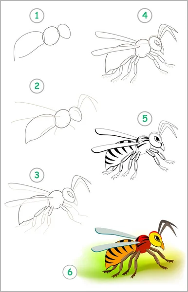 子供のための教育ページは かわいい昆虫のスズメバチを描くためにステップバイステップで学ぶ方法を示しています 学校に戻れ描画と着色のための子供のスキルを開発します ベクトル漫画画像 — ストックベクタ