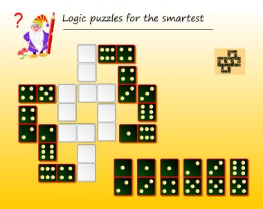 Akıllı için Mantık bulmaca oyunu. Kalan domino için yer bulmak ve doğru çizmek gerekir. Brainteaser kitap için yazdırılabilir sayfa. Uzamsal düşünmeyi geliştirmek. Vektör görüntüsü