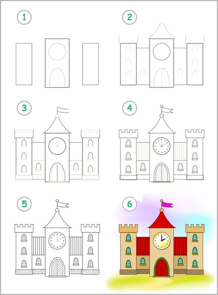 Página Muestra Cómo Aprender Paso Paso Para Dibujar Lindo Castillo — Vector de stock