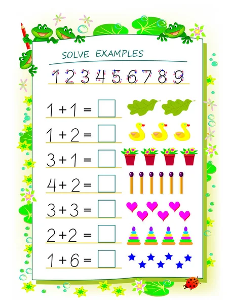 Pagina Educativa Bambini Libro Matematica Con Esercizi Aggiunta Necessità Risolvere — Vettoriale Stock