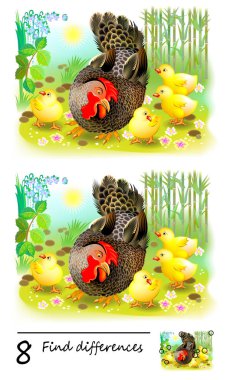 Çocuklar için mantık bulmaca oyunu. 8 fark bulmak gerekir. Tavuk ailesi ve anne tavukları. Bebek brainteaser kitap veya çocuk dergisi yayıncılığı için yazdırılabilir sayfa. Sayma becerilerini geliştirme.