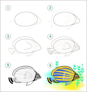 Educational page for kids shows how to learn step by step to draw a beautiful tropical aquarium fish. Back to school. Developing children skills for drawing and coloring. Vector cartoon image. clipart