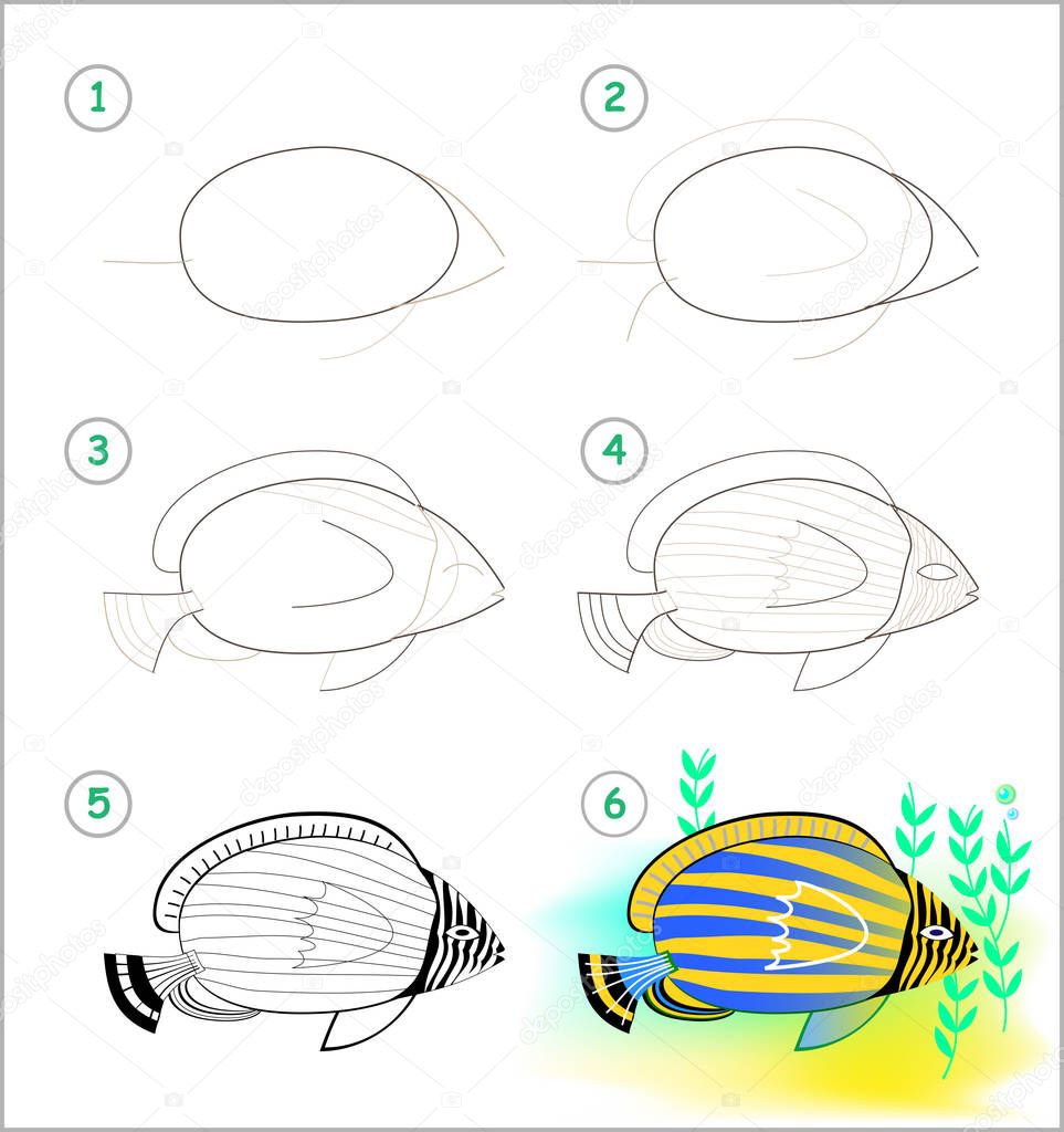 Educational page for kids shows how to learn step by step to draw a beautiful tropical aquarium fish. Back to school. Developing children skills for drawing and coloring. Vector cartoon image.
