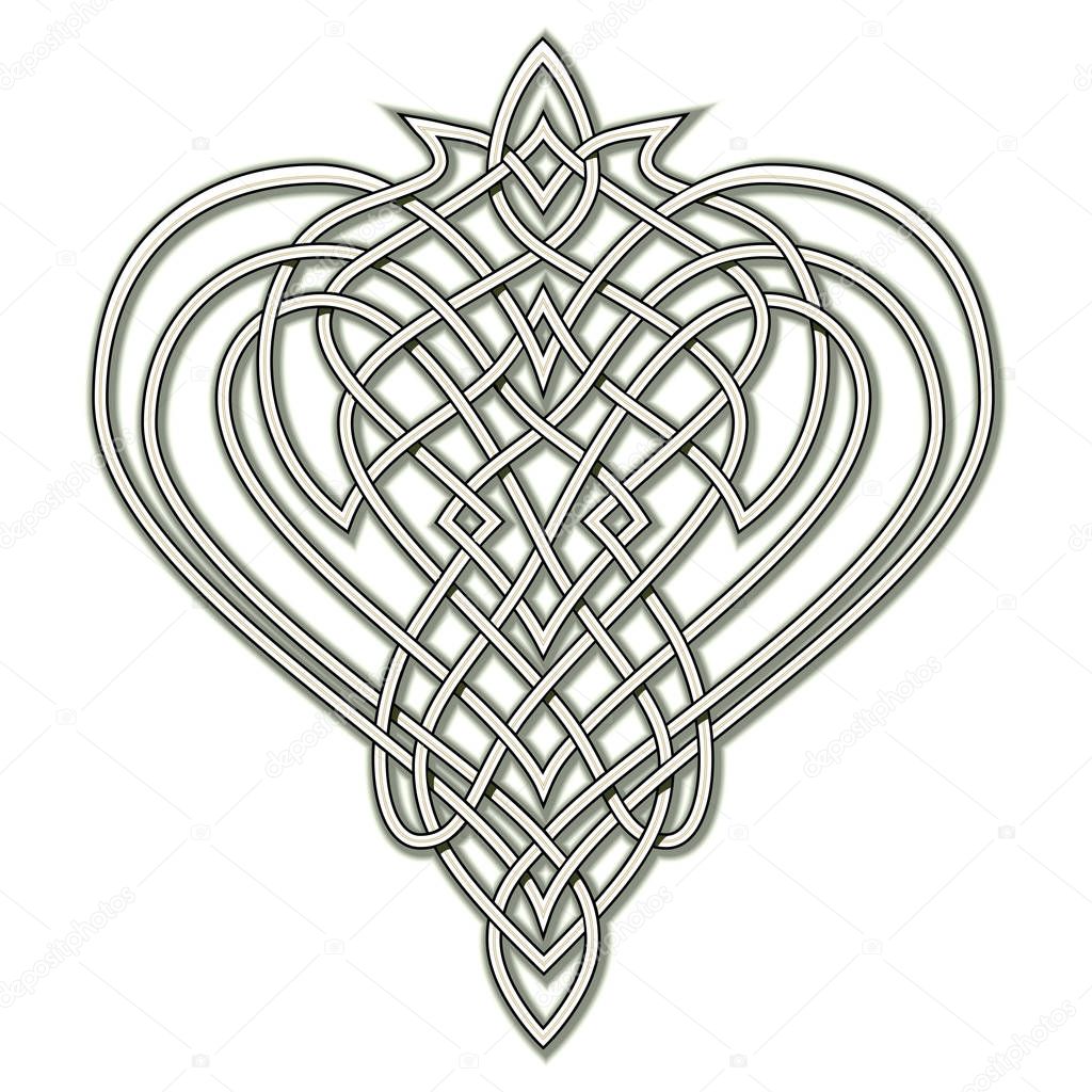 Fantasy drawing of Celtic popular ornament with interweaving knot pattern, heart symbol, logo. Printable template for modern print, t-shirt, embroidery, Henna, Mehndi, tattoo, decoration. Hand-drawn.